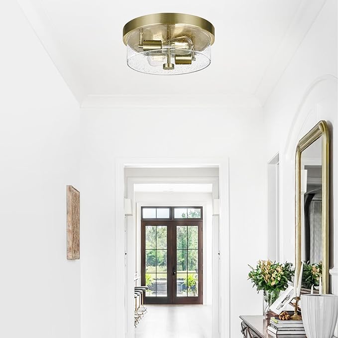 Flush Mount Ceiling Light Fixtures 2-Light Brass Ceiling Mount for Farmhouse with Seeded Glass Lampshade Industrial Hall Flush Mount Light Fixture for Hallway Kitchen Entryway Bedroom and Foyer