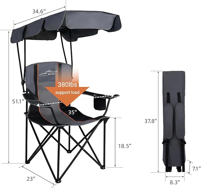 FAIR WIND Oversized Camping Chair with Canopy Beach Chair with Canopy Shade for Adults Heavy Duty 380 LBS Portable Folding Chair for Outdoor