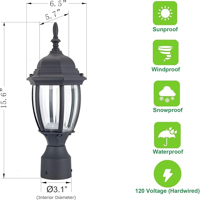 LIT-PaTH LED Outdoor Post Lighting Fixture Pole Lantern 9.5W 800 Lumens 5000K Daylight White Aluminum Housing Plus Glass Matte Black Finish 1-Pack
