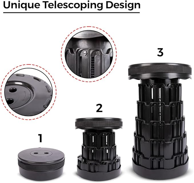 Upgraded Collapsible Stool – Easy to Carry retractable Stool - Lightweight telescoping stool for Camping &amp BBQ –Sturdy Portable Stool - Slip Resistant Telescopic Stool with Max Load Capacity 1000l