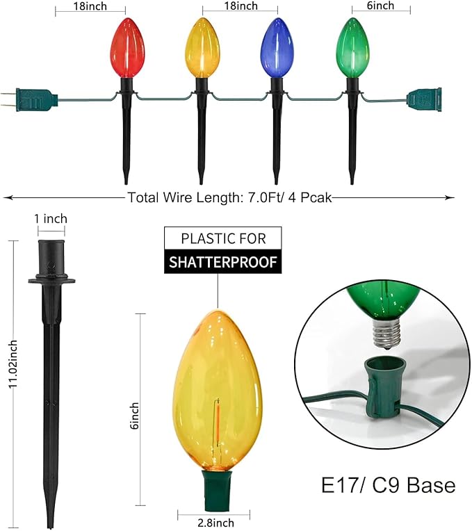 C9 Christmas Multicolor Pathway Lights 7Ft Outdoor Christmas Pathway Markers Lights with 4 Jumbo C9 LED Multicolor Bulbs Connectable Walkway Lights for Driveway Yard Garden