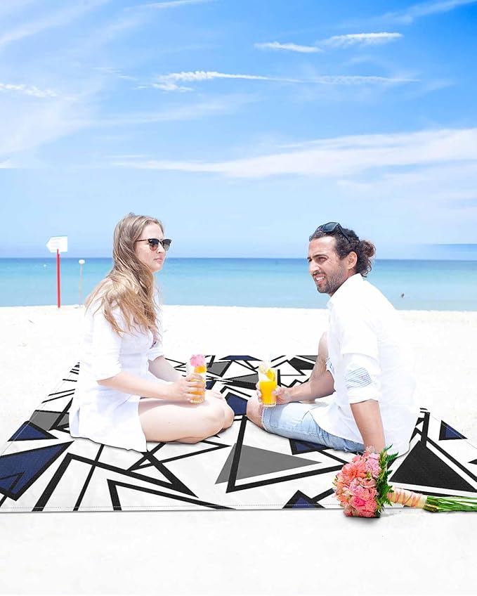 Beach Blanket Waterproof Sandproof OversizedNavy Blue Black Geometric Triangle Beach Mat with Corner Stakes Sand PocketsModern Abstract Style Outdoor Picnic Mat for Travel Camping Hiking118x108In