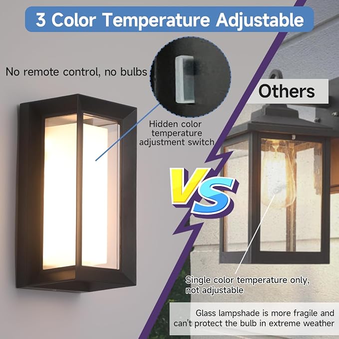 Outdoor Modern Wall Sconce Lights15%-100% Dimmable Indoor Wall Light Fixtures3000K/4000K/6500K Adjustable24W Exterior Wall LightingWaterproof Outdoor Porch Light2160LM Indoor Wall Sconce 1 Pack