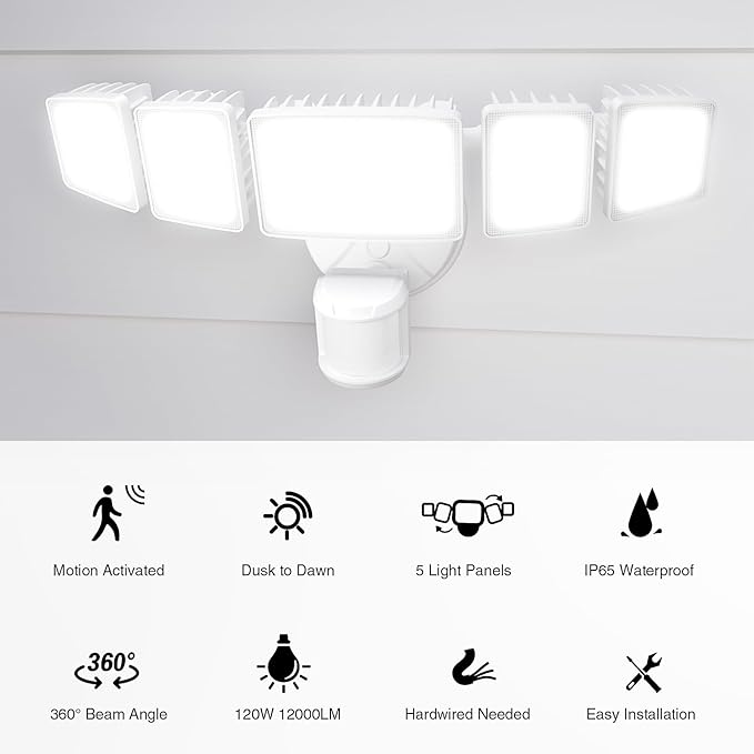 Onforu 120W 12000LM LED Security Lights Motion Sensor Outdoor Dusk to Dawn Flood Lighting 5 Heads 360° Wide Angle Illumination 6500K IP65 Waterproof Hardwired Floodlight Motion Detection (White)