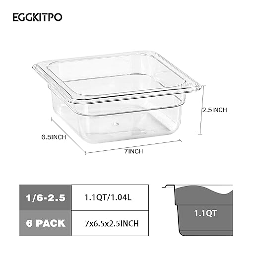 EGGKITPO 1/6 Clear Food Pans 6 pack 2.5 Inch Deep Pan Stackable Polycarbonate Food Pan for Commercial Kitchen Restaurant Use BPA free