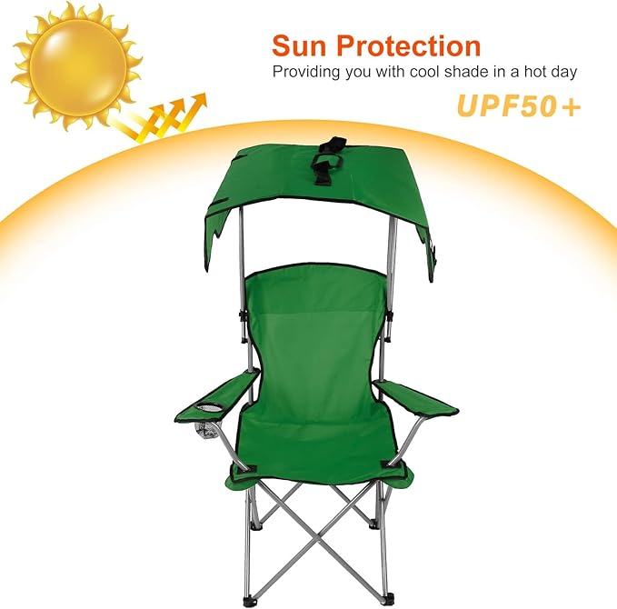 Camping Chair with Canopy Outdoor Folding Lounge Chair with Adjustable UPF 50+ Sun Shade &amp Cup Holder Portable Camping Recliner for Camp Beach Outdoor Sports 350LB Max Support - U.S Spot
