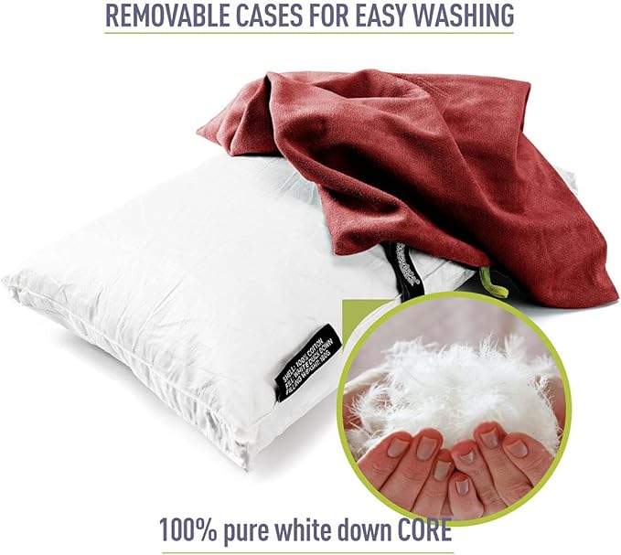ZOOOBELIVES Down Filled Camping Pillow for Travel Washable Soft Cover Small Camp Cushion for Neck &amp Lumbar Support On-The-Go Ultralight &amp Compressible for Hiking Backpacking - AlpliveS2046