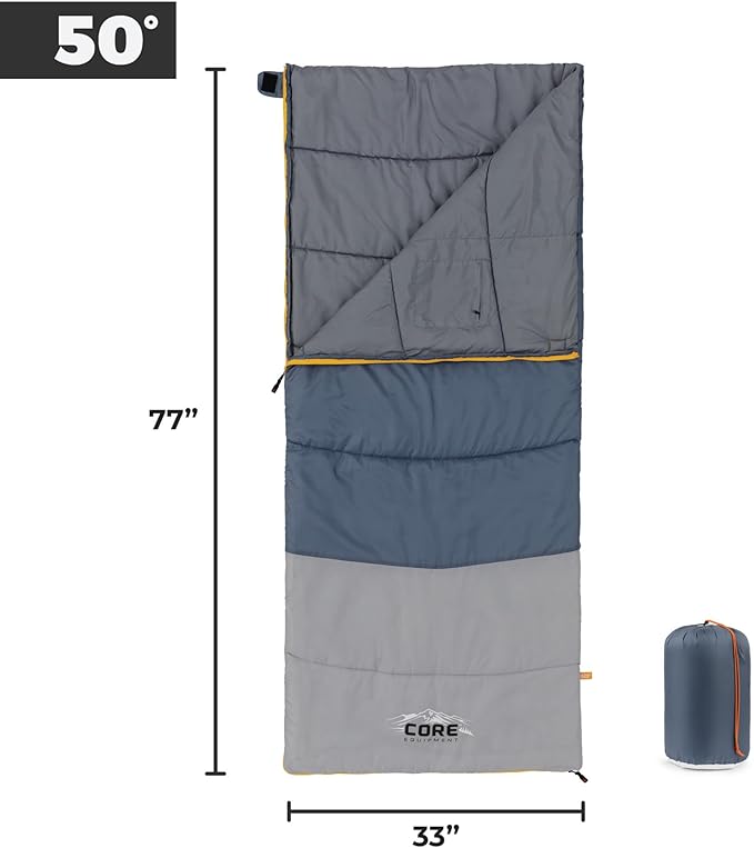 CORE Sleeping Bags for Adults | Lightweight &amp Compact | Perfect for Indoor or Outdoor Use Camping Backpacking Hiking &amp Sleepovers | Ideal for Warm &amp Cooler 3 Season Weather