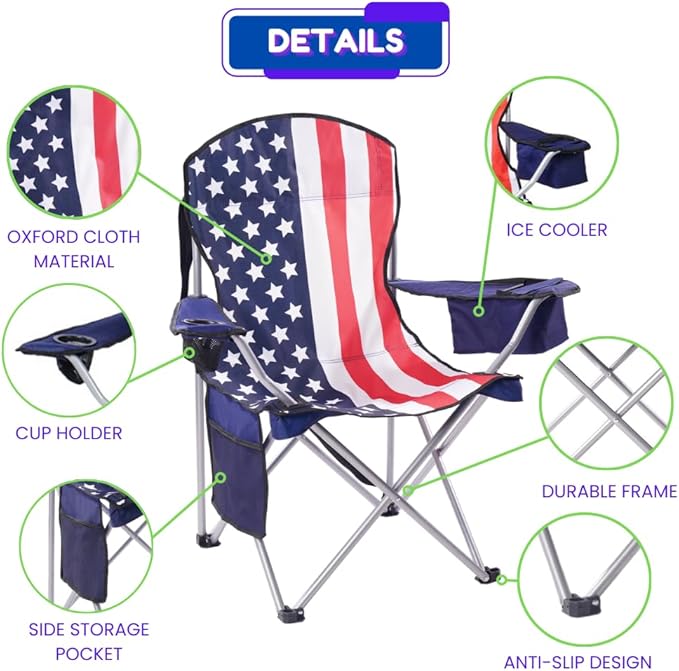 EZONE 2-Pack Camping Chairs with Built-in Ice Cooler Portable Chair Storage Pocket Cup Holder and Carry Bag Perfect for Camping Tailgating Fishing Beach and Lawn (2 Flag)