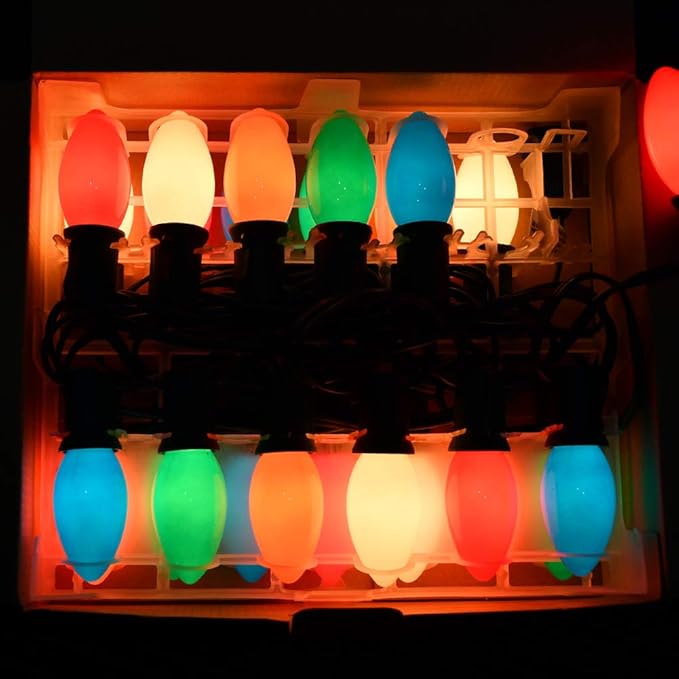 25Ft Outdoor Multicolor Ceramic Christmas String LightsC9 Vintage Opaque Christmas String Lights for Patio Garden Xmas Tree DecorationC9/ E17 Candelabra Base Green Wire
