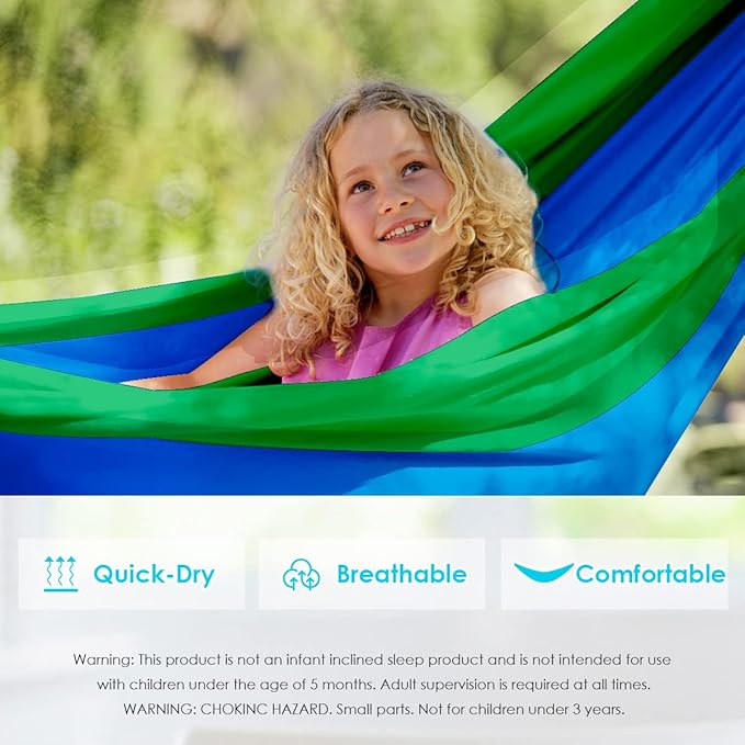 GRASSMAN Kids Hammock-Small Camping hammocks Portable Camping Gear for Child Indoor/Outdoor use with Tree Straps &amp Carabiners Blue &amp Green