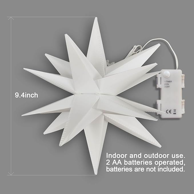 Leejec 9.4 Moravian Star Outdoor Light with Remote Control Christmas Decorations Indoor Hanging Warm White LED Light Battery Operated with Timer Function 4-Pack Tree Ceiling Balcony Décor