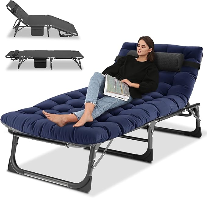 Portable Folding Camping Cot Adjustable 4-Position Adults Reclining Chaise with Pillow Outdoor Lounge Chair Sleeping Cots Bed Perfect for Camping Pool Beach Patio