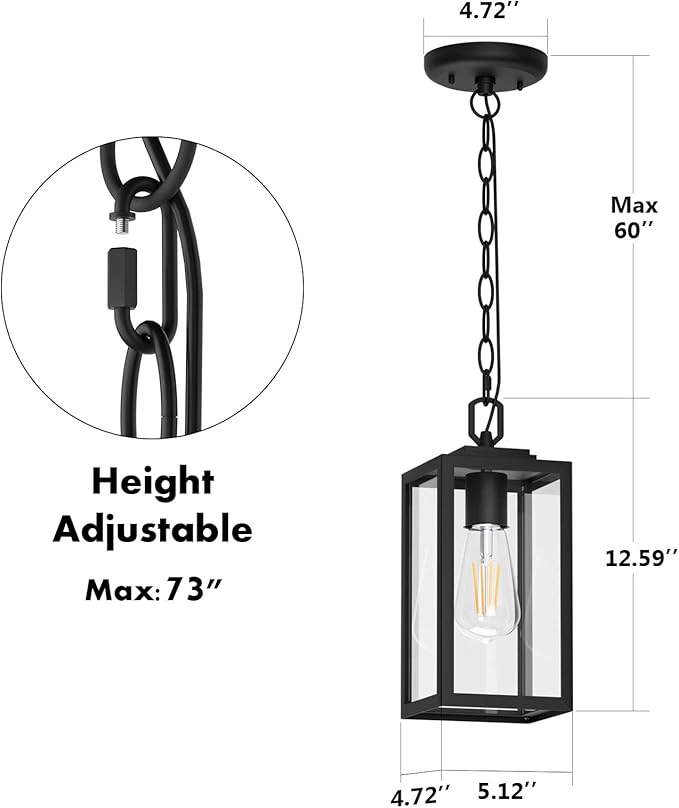 Modern Outdoor Pendant Light 1-Light Outdoor Hanging Lantern Light Matte Black Aluminum with Clear Glass Exterior Pendant Lighting Fixture for Porch Yard Gazebo