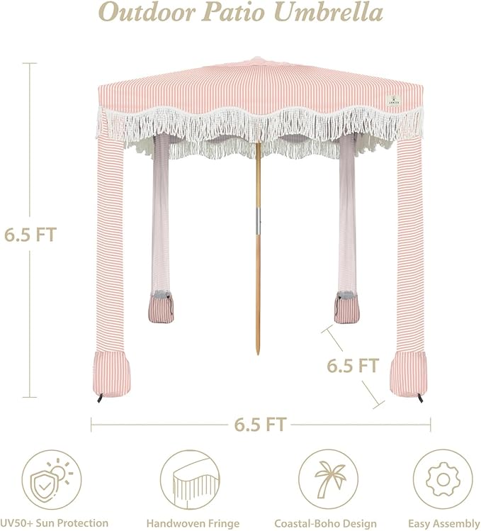 AMMSUN Beach Cabana with Fringe 6.5' x 6.5' Boho Beach Canopy with Tassels Easy Set up &amp Premium Wood Pole Cabana Tent with Sand Pockets Instant Sun Shade for Sand Garden Patio Pink Stripes