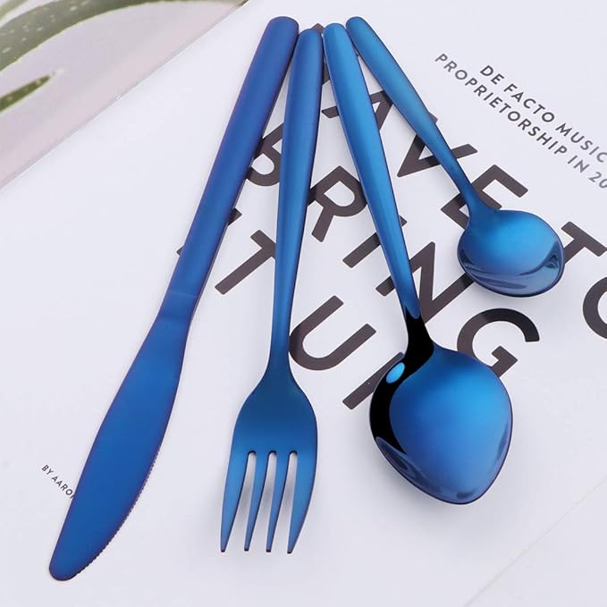 Blue Silverware Set BuyGo 24-Piece Stainless Steel Camping Flatware Dinnerware Set for 6 Hand Polish Dishwasher Safe