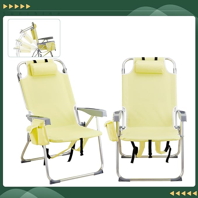 JHshop Reclining Backpack Beach Chair Folding Beach Chair for Adults Lightweight Beach Chair High Back Beach ChairsLightweight Folding Beach Camping Chairs Yellow 63 x 70 x 99cm