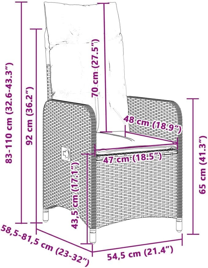 Reclining Garden Chair Beige Rattan Lounge Seat for Patio Powder-Coated Steel Frame 23 x 21.5 x 36.2 in Folding Backrest Outdoor Furniture for Garden Balcony Terrace