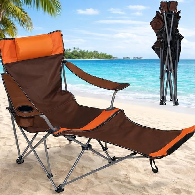 Camping Lounge Chair with Headrest Footrest and Storage Bag Portable Folding Reclining Camping Chair with Foot Rest for Adults Outdoor Camping Beach Hiking Fishing (Orange Brown)