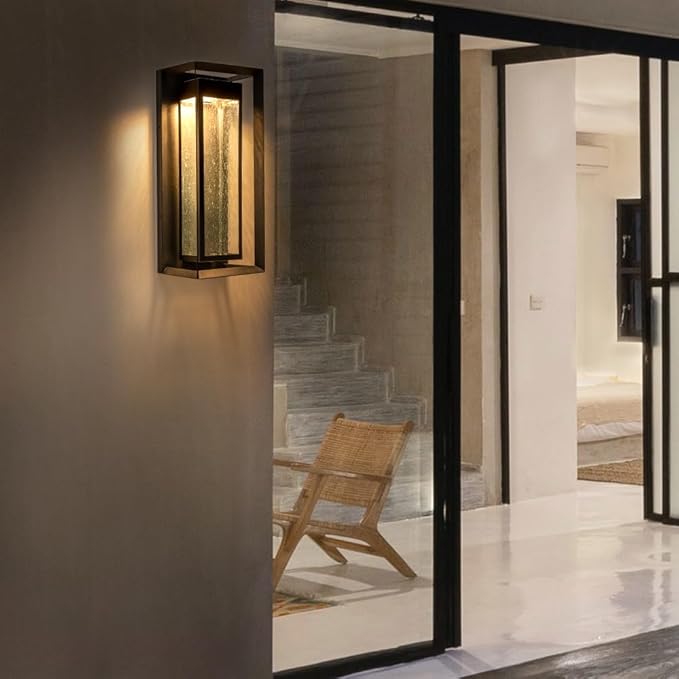 LED Outdoor Wall Lights Exterior Black Front Porch Light Wall Mount Modern Light Fixtures Large LED Wall Sconce with seeded Glass Outside Patio Lights Fixture for House Garage Entryway