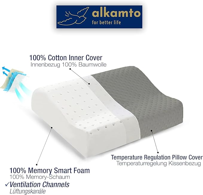 alkamto Travel &amp Camping Comfortable Memory Foam Pillow – Easy to Carry Portable Bag – Temperature Regulating Pillow Case (Grey Contour)