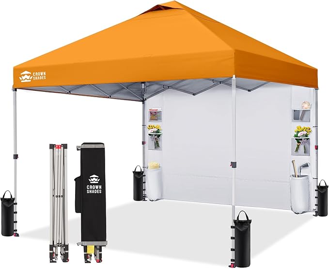 CROWN SHADES Canopy Tent 10 x 10 Foot Portable Pop Up Outdoor Shelter with Pocket Sidewall Push Center Lock UV Protection and Carry Bag Orange
