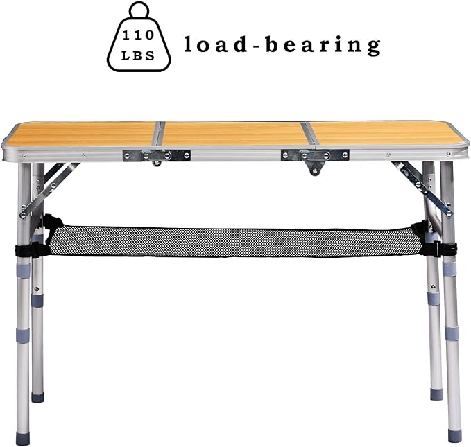 3 FT Folding Camping Table with Storage Portable Fold-in-Half Camp Kitchen Party Table 3 Height Adjustable &amp Carry Handle Rectangular Card Tables for Outdoor Picnic BBQ Backyard (Wooden Pattern