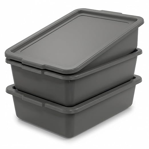 Gray 13 L Commercial Bus Tubs/Tote Box with Lids Plastic Storage Wash Basin Tub 3-Pack