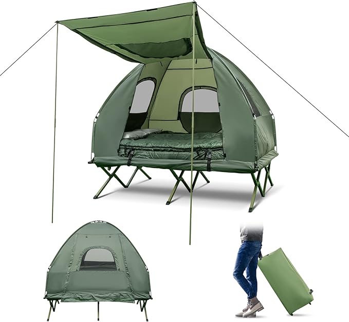 Goplus Camping Tent Cot 5-in-1 Folding Camping Bed with Awning Air Mattress Sleeping Bag Bedspread Off Ground Elevated 1-2 Person Cot Tent with Carrying Bag Air Pump for Camping Picnic Outdoor