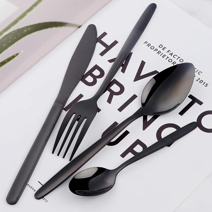 BuyGo Black Silverware Flatware Set 16-Piece Light Weight Stainless Steel Eating Utensil Service for 4 Include Knife Fork Spoon Dishwasher Safe