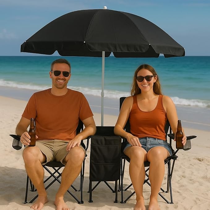 GoTEAM! Portable 2-Seat Folding Camp Chair with Cooler Umbrella &amp Cup Holders – Outdoor Picnic Beach or Tailgate Seating – Carry Case Included