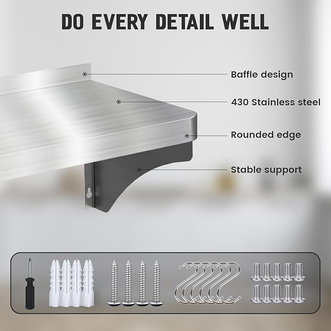 Commercial Stainless Steel Shelf 36 x 12 - 250lb Load Capacity Heavy Duty Stainless Steel Wall Mounted Kitchen Shelf with Backsplash &amp 6 Hooks for Restaurant Laundry