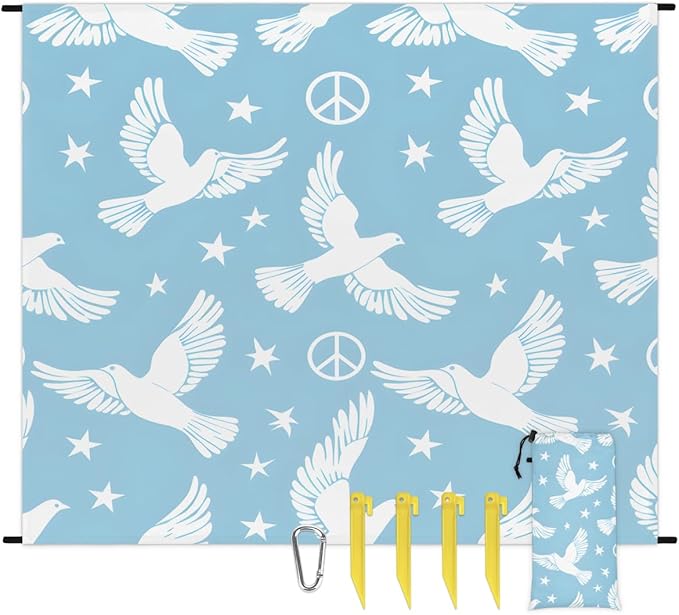 Waterproof Sandproof Beach Blanket 59''×68'' Peace Dove Polyester Outdoor Picnic Blanket with 4 Stakes &amp Storage Bag for BeachCampingVacation Lake Blue