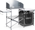 Tangkula Folding Camping Kitchen Table Aluminum Portable Camping Grill Table with Windscreen Cook Station Outdoor Quick Set-up Camp Cook Table with Storage Organizer Shelves Carry Bag