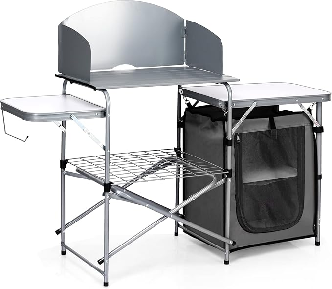 Giantex Folding Grill Table with 26'' Tabletop and Detachable Windscreen Aluminum Portable Camp Cook Station Carry Bag Quick Set-up BBQ Camping Picnic Backyard Outdoor Camping Kitchen Table (Grey)