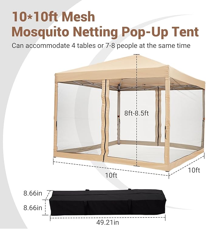 CABIHOME Quick Setup Pop Up Canopy Tent 10x10ft – Waterproof Outdoor Gazebo Shelter with Mesh Sidewalls &amp Mosquito Netting Portable Folding Tent for Camping Patio Backyard Events
