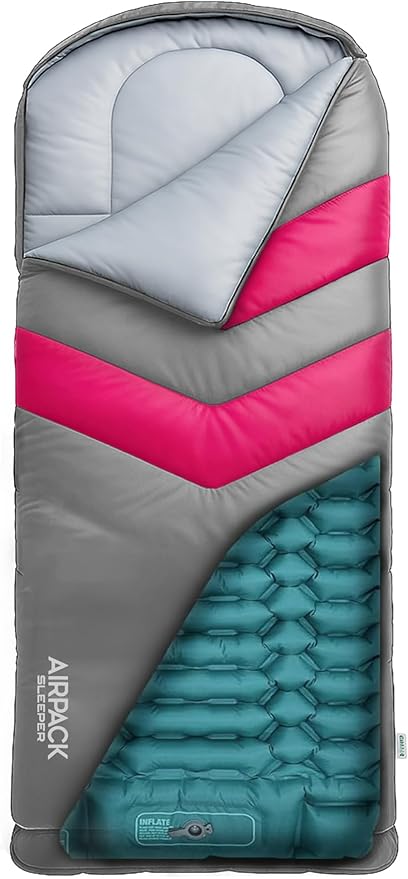 Kids Sleeping Bag with Built-in Pad (Fits Up to 4'6) All-in-One Inflatable Mattress Pad with Built-in Foot Pump - for Sleepovers Camping and Travel (Gray/Pink)