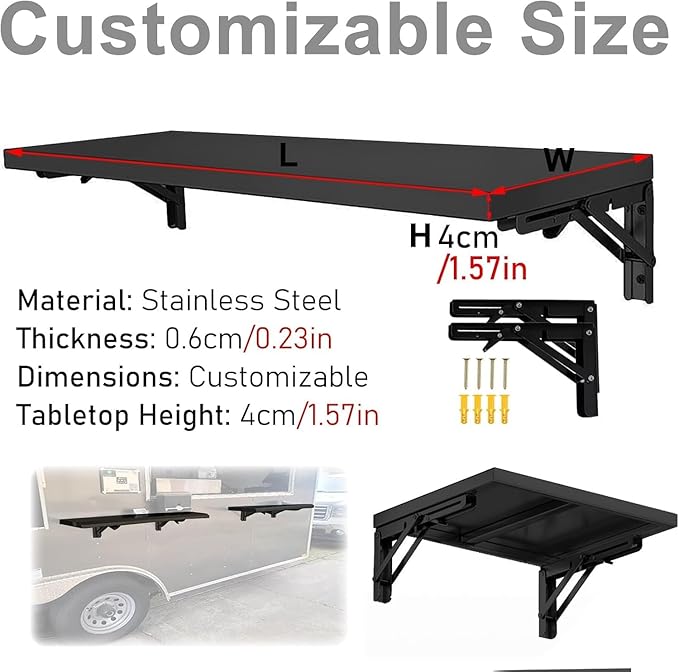 Stainless Steel Food Truck Shelves Extra Long Folding Concession Shelf 72 60 48 in Commercial Fold Down Countertop for Grilling Stations Kitchen Trailers(Black48x16in/121x40cm)