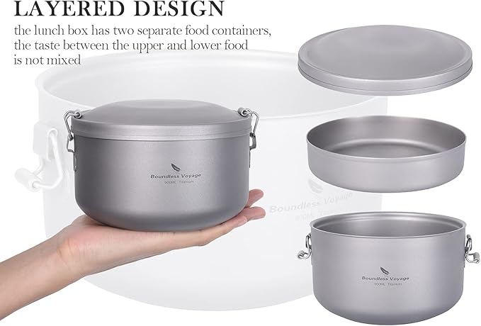 Boundless Voyage Outdoor Titanium Lunch Box Uncoated Bowls with Lid Separated Multi-layer Office Worker Bento Box Ti1095T