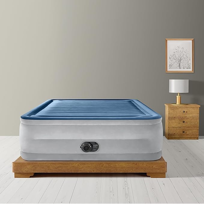 Intex: Dura-Beam Deluxe Comfort-Plush Air Mattress - 22 Queen Blue - Built-in Electric Pump Durable Fiber-Tech Carry Bag Included 600lb Capacity