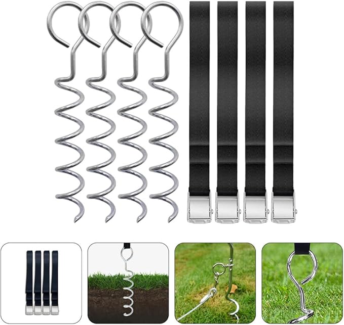 Toyvian Spiral Tent Stakes and Wear-Resistant Metal Ground Anchors with Tie Straps Portable Dog Anchor Kit for Outdoor Camping Garden and Trampoline Securement (4 Stakes + 4 Straps)