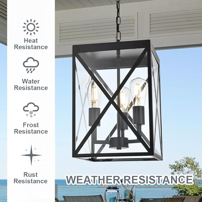 TODOLUZ Large Outdoor Porch Light Adjustable Chain 3-Lights Modern Outdoor Pendant Lighting in Matte Black Finish Outside Ceiling Mount Lamp for House Front Door Porch Patio Entryway