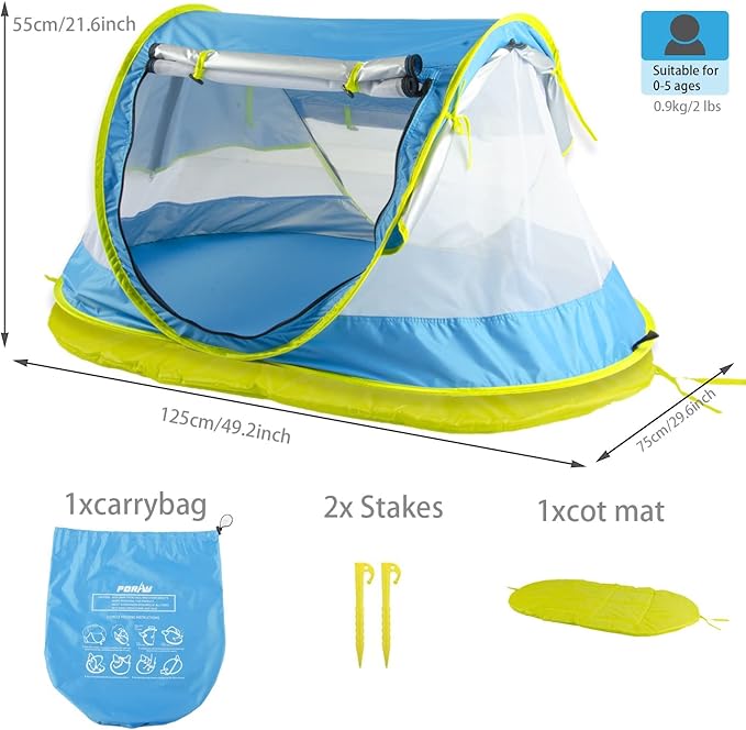 Poray Portable Baby Beach Tent with UPF 50+ Sun ShelterMosquito Net and Sunshade Ideal Pop Up Kids Travel Tent with Carry Bag &amp 2 StakesOutdoor Indoor Play and Sun Protection