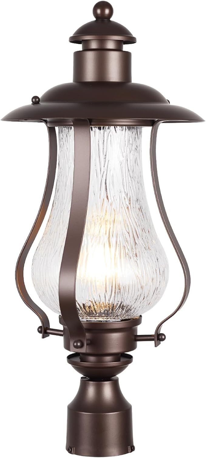 Treekee Outdoor Post Light Fixture Vintage Brown Pole Lantern with Wood Grain Glass Farmhouse Exterior Post Lamp with E26 Socket for Garden Pathway Patio Porch Courtyard Driveway Street