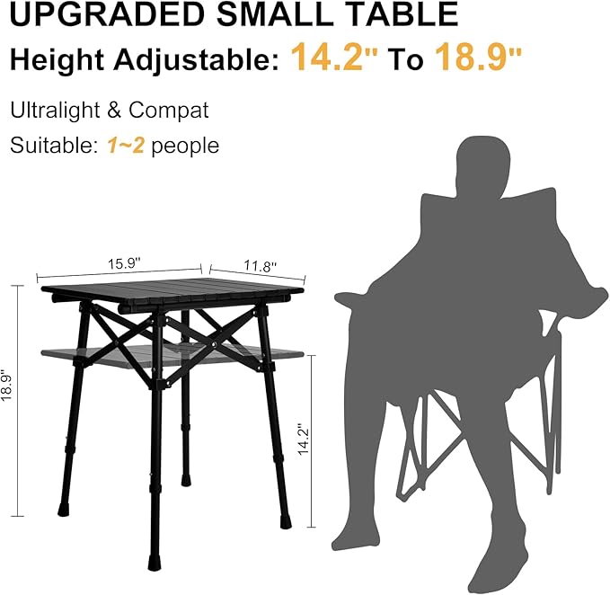 Folding Camping Table - Small Outdoor Table with Storage Bag - Adjustable Height 14.2'' &amp 18.9'' Portable Lightweight Aluminum Foldable Side Table for Picnic BBQ Beach &amp Tailgating (Small)