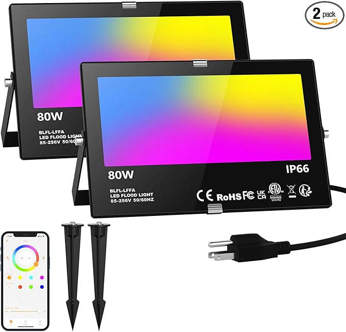 LED Flood Light Outdoor 800W Equivalent 8000LM Smart RGB Landscape Lighting with APP Control IP66 Waterproof Color Changing Uplight Daylight 5700K 23 Modes Floodlight for Garden Yard Stage 2 Pack