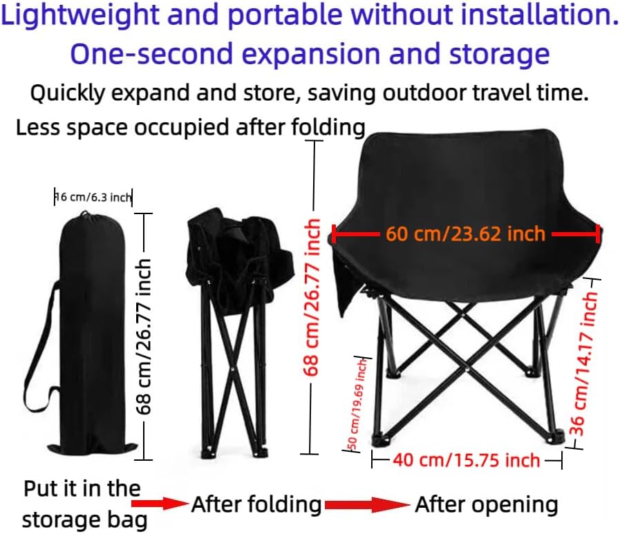 Outdoor Portable Folding Chair Moon Chair Camping Chair Dinner Painting car Fishing Leisure Chair Alloy Steel Bracket 600D Oxford Cloth. (Black)