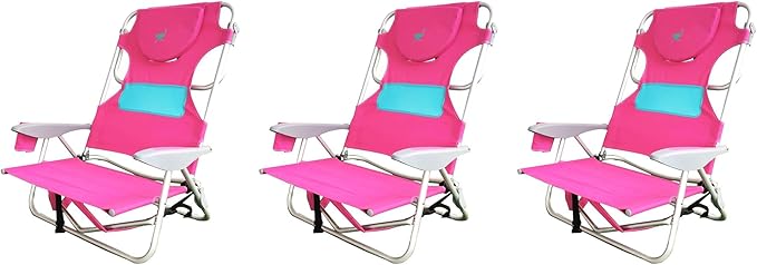 Ostrich Outdoor Beach Ladies Comfort On-Your-Back Adjustable &amp Portable Beach Chair with Backpack Straps and Cup Holder Pink (3 Pack)