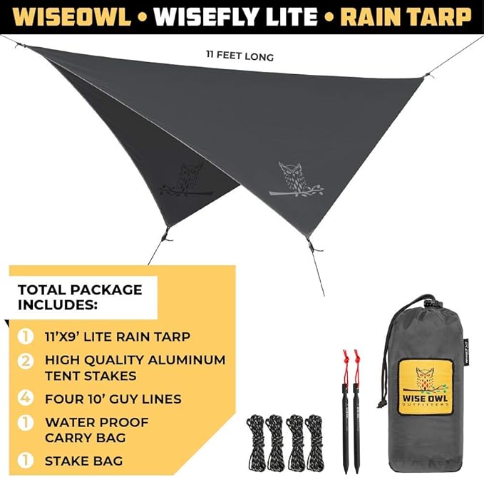 Wise Owl Outfitters Hammock Rain Fly – Waterproof Camping Tarp Cover with Tent Stakes &amp Carry Bag Ultralight Shelter for Backpacking &amp Outdoor Shade