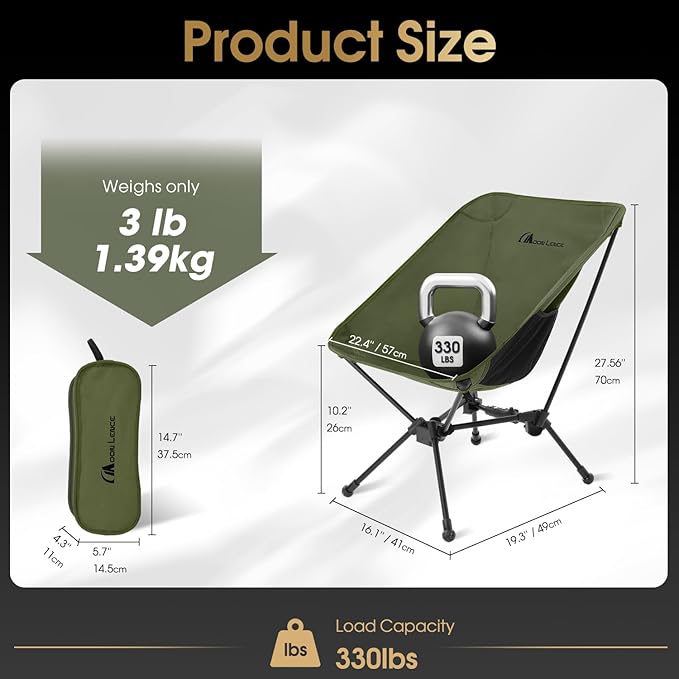 MOON LENCE Portable Camping Chair Lightweight Folding Backpacking Hiking Chair Plus Size Compact Yet Support 330 lbs (Green)